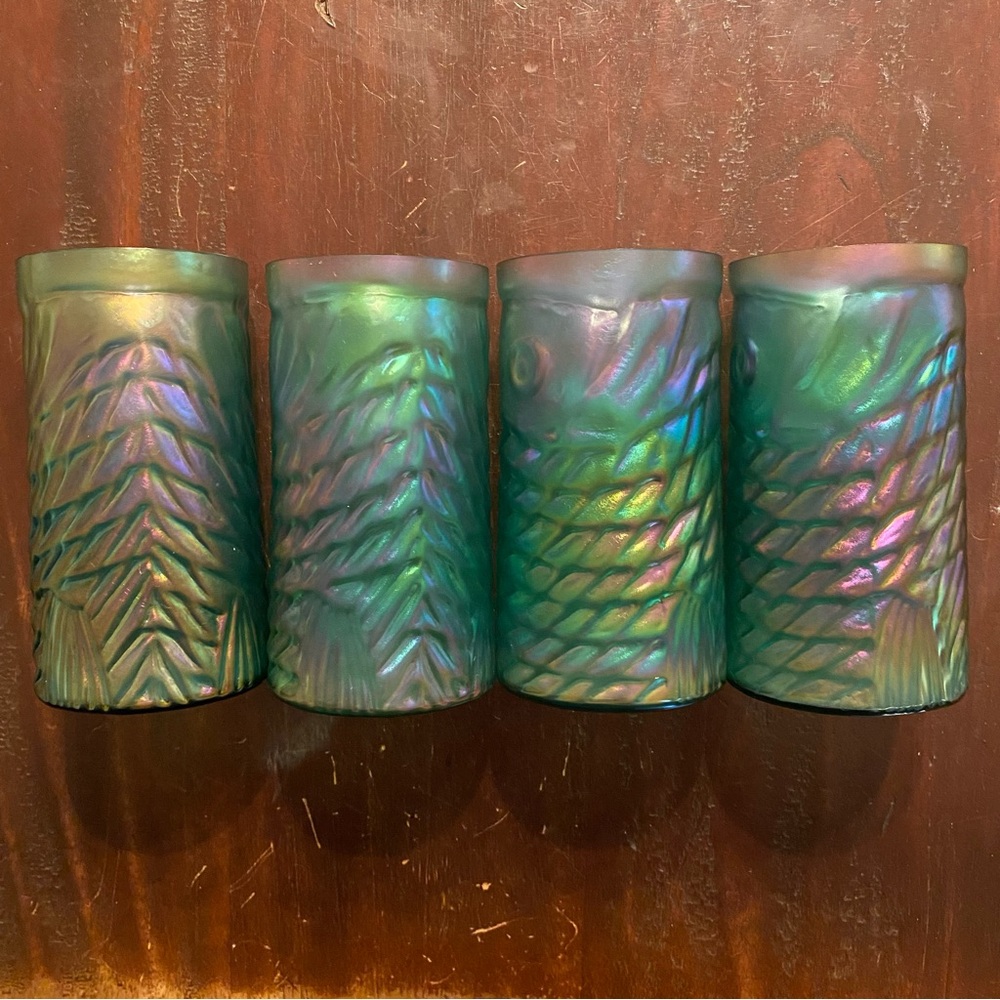 4 Rare Vintage John Cook Iridescent Green Koi Design Art Glass Tumblers